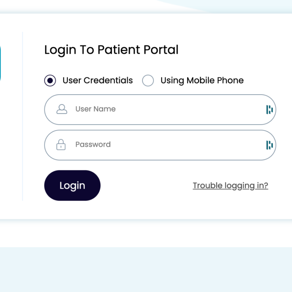 Patient portal login screen showing username and password fields, illustrating the risks of sharing patient portal login credentials