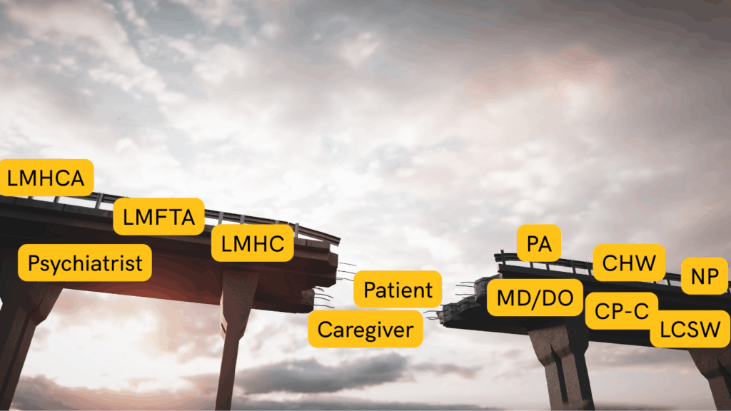 Broken bridge labeled with mental health providers and a patient, caregiver, symbolizing gaps in coordination and continuity of mental health care.
